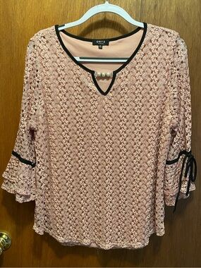 Onyx Blush Pink Lace Top with Pearl Neckline and Black Trim